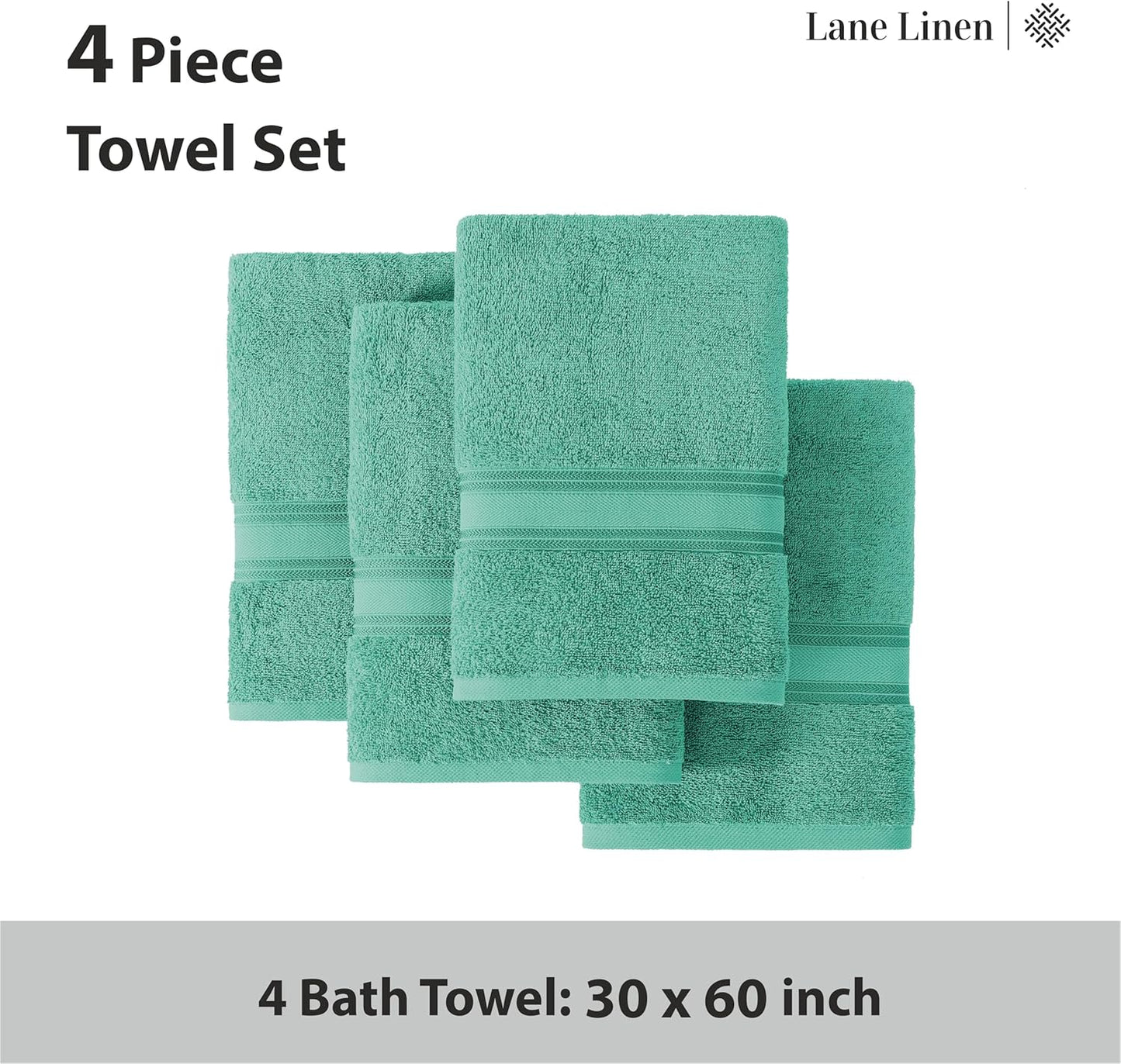 LANE LINEN 100% Cotton Bath Towels 4 Pack (30"x60") - Zero Twist, Mercerized Cotton Large Towel Set for Bathroom - Quick Dry, Soft & Absorbent Bath Towel Sets - Oeko Tex Certified, Pre Shrunk- Teal