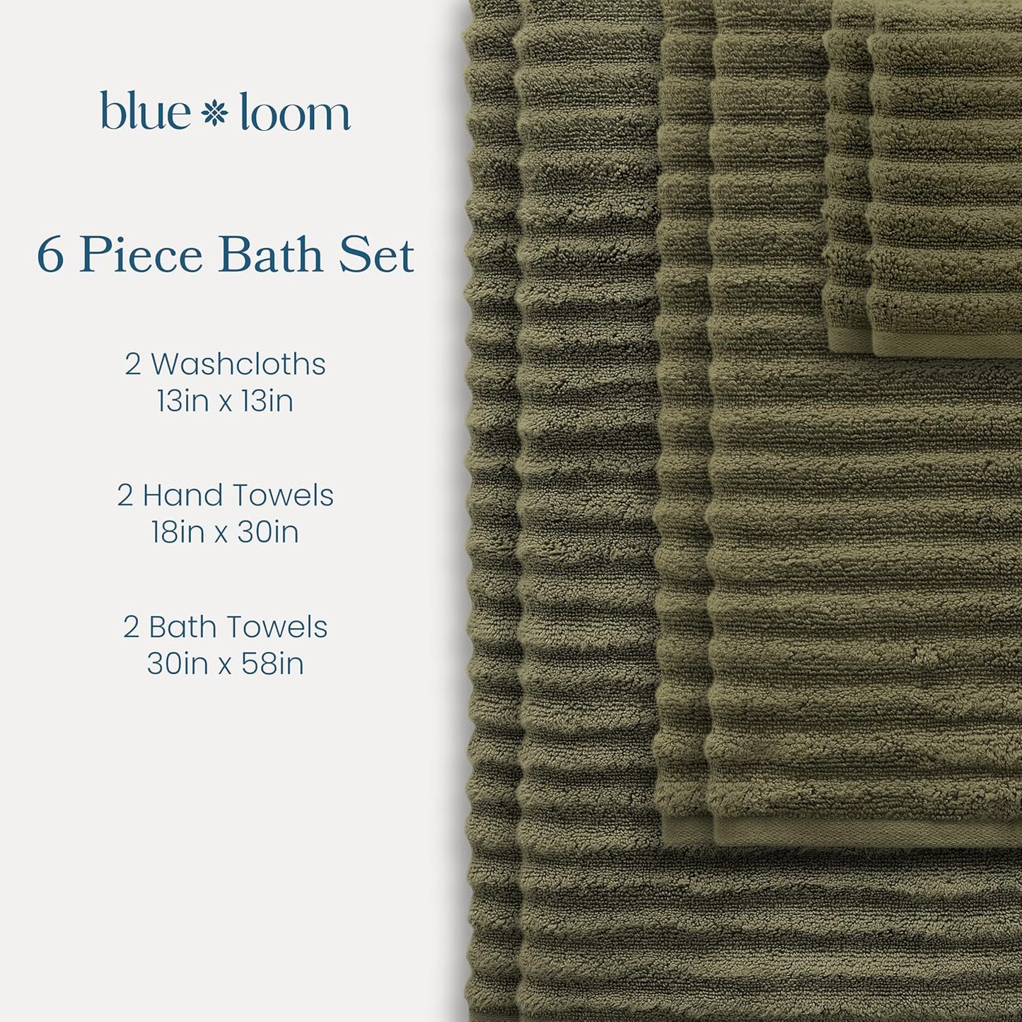 Blue Loom Ribbed Bath Towels Set, 100% Cotton 600GSM, Soft Absorbent Durable 2 Bath Towels, 2 Hand Towels, 2 Wash Cloths for Bathroom - Mason (58" x 30" inch Towels) (Moss, 6 Piece)