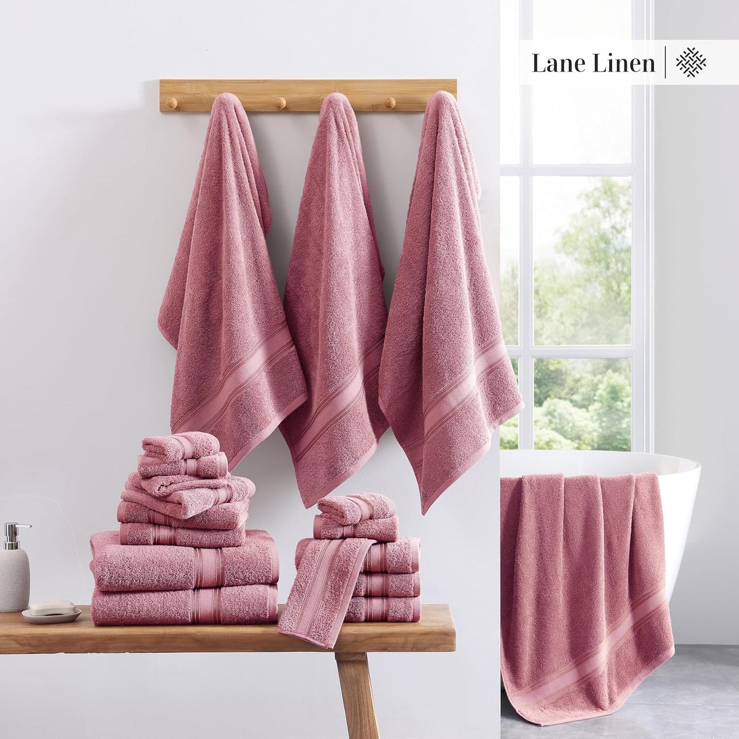 LANE LINEN Luxury Bath Towels Set - 12 Piece Set, 100% Cotton Bathroom Towels, Zero Twist, Quick Dry Shower Towel, Absorbent Bath Towel, 4 Bath Towels, 4 Hand Towels, 4 Wash Cloths - Wishful Mauve