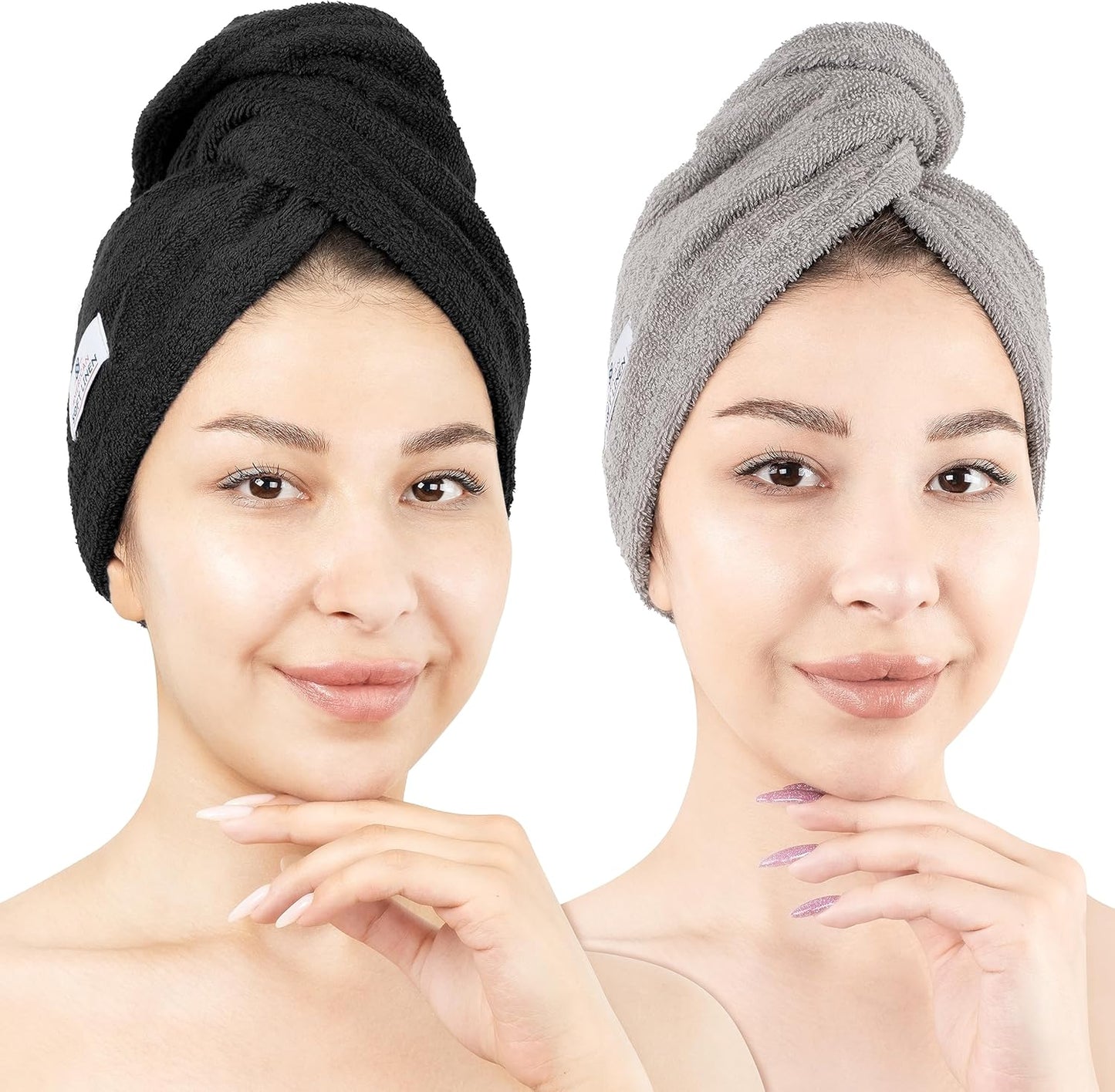 American Soft Linen 100% Cotton Hair Towels for Women, Head Towel Cap, Cotton Hair Turban Towel Wrap, Soft and Absorbent 2 Pack, Black-Light Gray