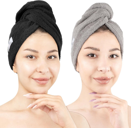 American Soft Linen 100% Cotton Hair Towels for Women, Head Towel Cap, Cotton Hair Turban Towel Wrap, Soft and Absorbent 2 Pack, Black-Light Gray