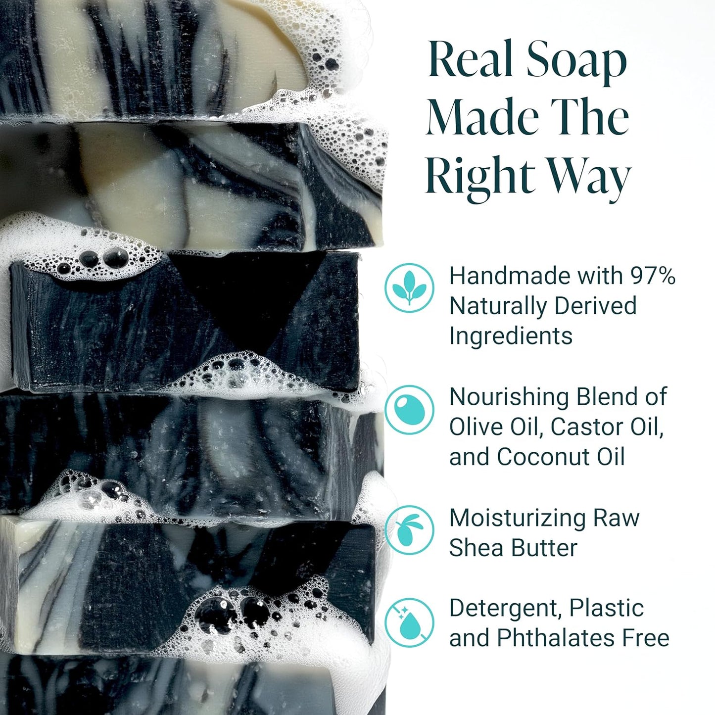 Handmade Soap, All Natural Soap for Women & Men, Hand, Bath & Body Natural Bar Soap, Vegan, Palm Oil Free, Made in USA with Shea Butter + Essential Oils, Charcoal Mud Tea Tree, 3 Bars