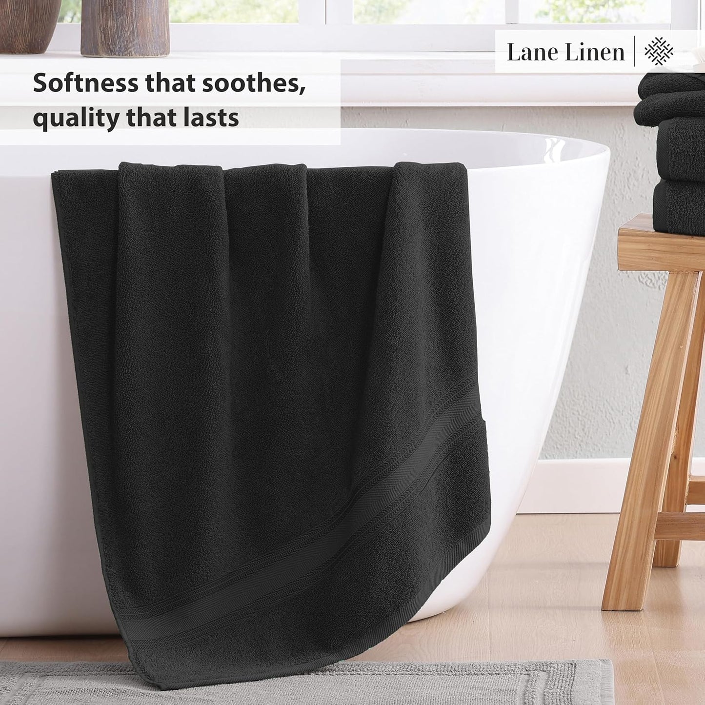 Lane Linen Luxury Bath Towels Set - 6 Piece Set, 100% Cotton Bathroom Towels, Zero Twist, Quick Dry Shower Towels, Absorbent Bath Towel, Super Soft, 2 Bath Towels, 2 Hand Towels, 2 Wash Cloths - Black