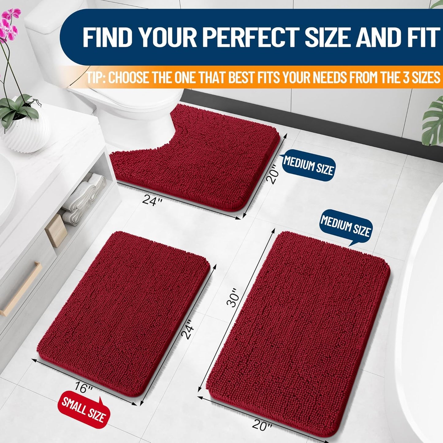 OLANLY Bathroom Rugs 24x16, Extra Soft Absorbent Chenille Bath Rugs, Rubber Backing Quick Dry, Machine Washable Bath Mats for Bathroom Floor, Tub and Shower, Home Decor Accessories, Red