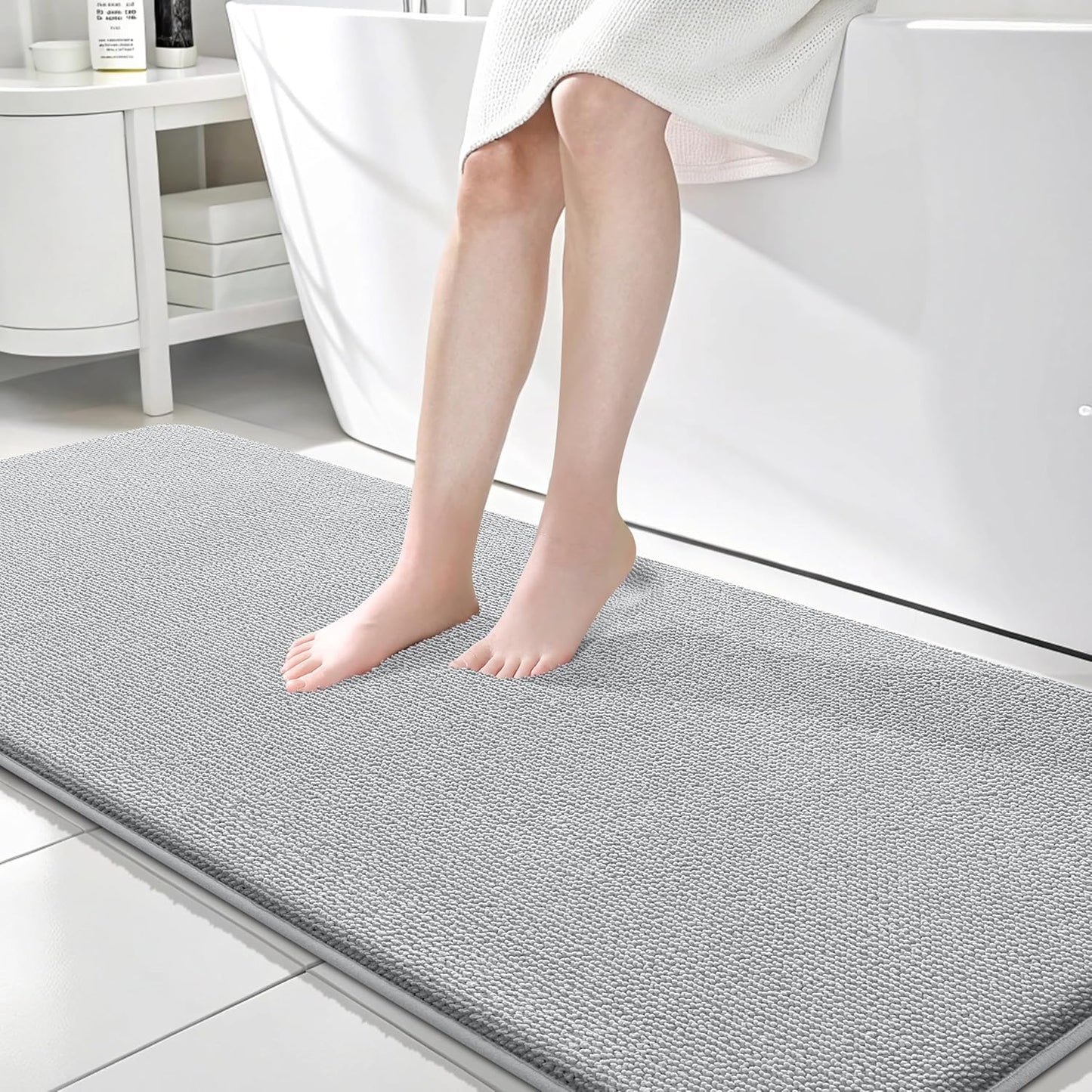 OLANLY Thick Memory Foam Bath Mat Rug 70x24, Extra Soft Absorbent Bathroom Rug, Quick Dry Bath Mats, Non-Slip, Machine Washable Carpet for Bathroom, Tub and Shower, Home Decor Accessories, Light Grey