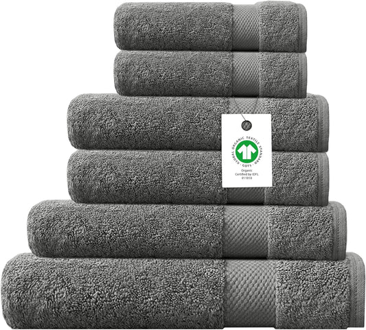 Delara 100% Organic Cotton Towels 650 GSM Plush Feather Touch Quick Dry Towel, 6-Piece Towel Set GOTS Certified, Oeko-Tex Green Certified, 1 Bath Towel, 1 Bath Sheet, 2 Hand Towels & 2 Wash Cloths