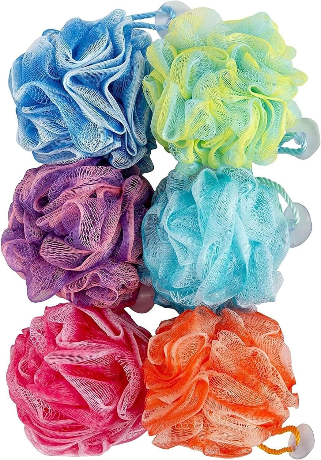 Bath Loofah Set, 6 Pack Shower Pouf Body Sponges with Suction Cups, Exfoliating Bath Accessories for Men and Women, Multicolor