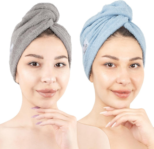 American Soft Linen 100% Cotton Hair Towels for Women, Head Towel Cap, Cotton Hair Turban Towel Wrap, Soft and Absorbent 2 Pack, Light Gray-Sky Blue
