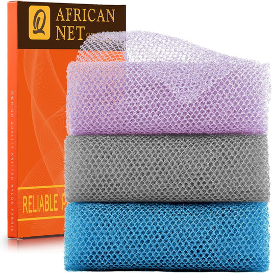 UJFQBH 3 Pieces African exfoliating net African Net Long Net Bath Sponge Exfoliating Shower Body Scrubber Back Scrubber Skin Smoother,Great for Daily Use (Purple Gray Blue)