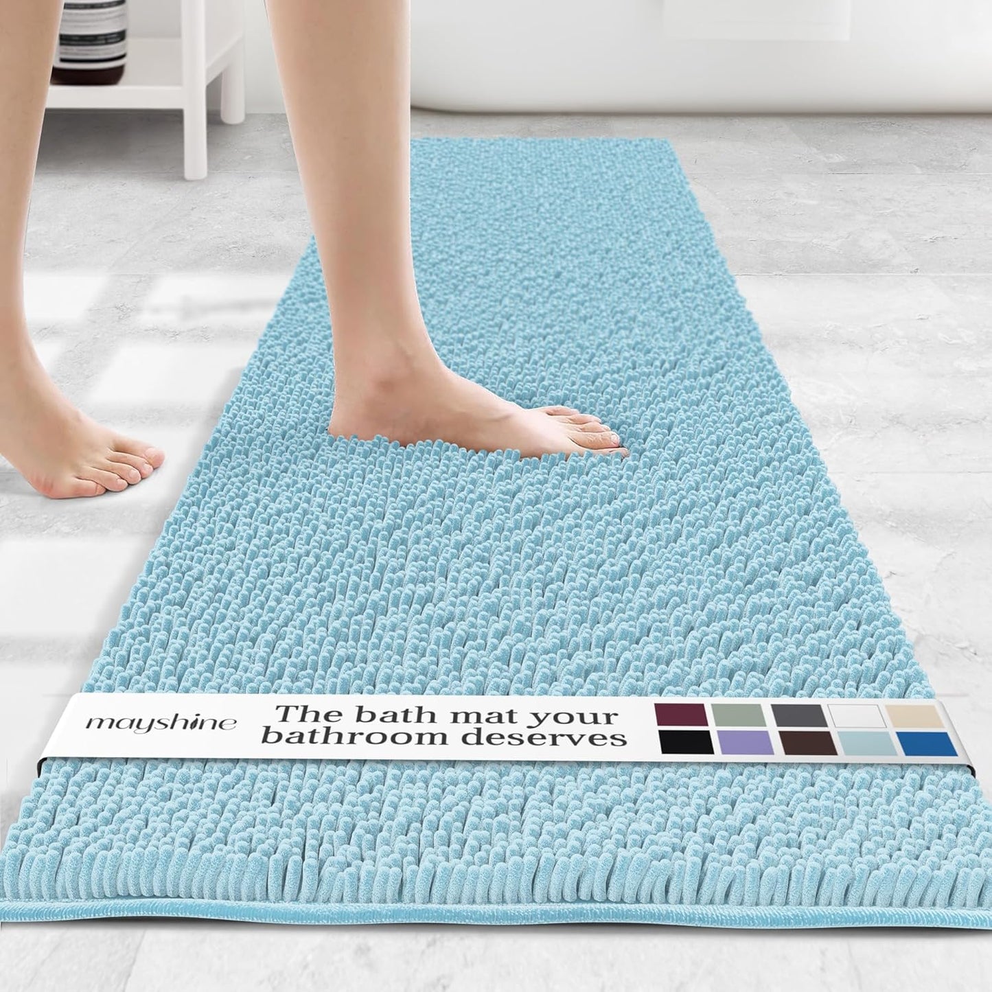 MAYSHINE Plush Shaggy Chenille Bath Mat | Extra Soft, Super Absorbent, Non-Slip Bathroom Rug | Fluffy Microfiber, Area Rug Sets for Bathroom Floor, Kitchen, Living Room | 71"x31" | Spa Blue
