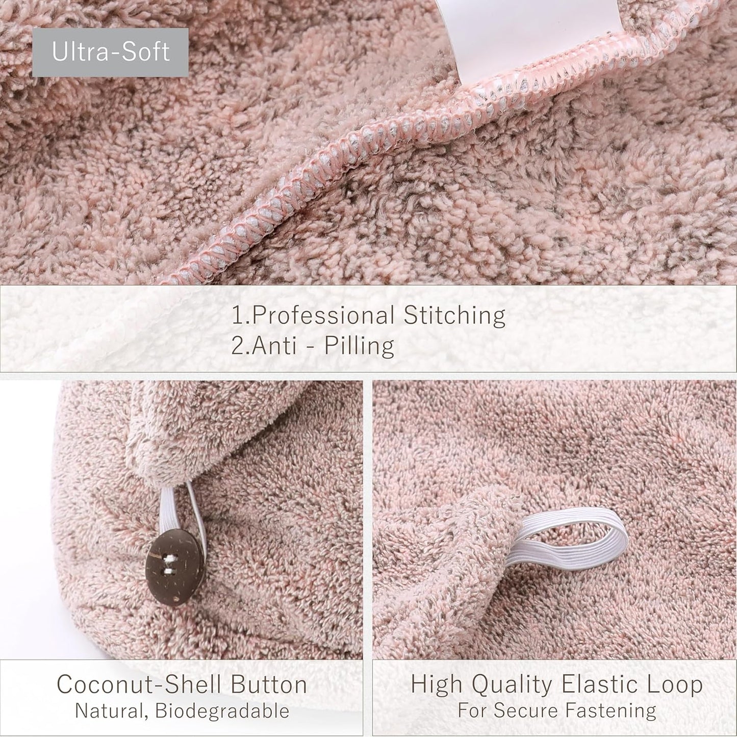 myHomeBody Hair Towel Wrap, Luxury Quick Drying Turban, Ultra Soft Absorbent Charcoal Fiber Cap, with Coconut Shell Button - Pink