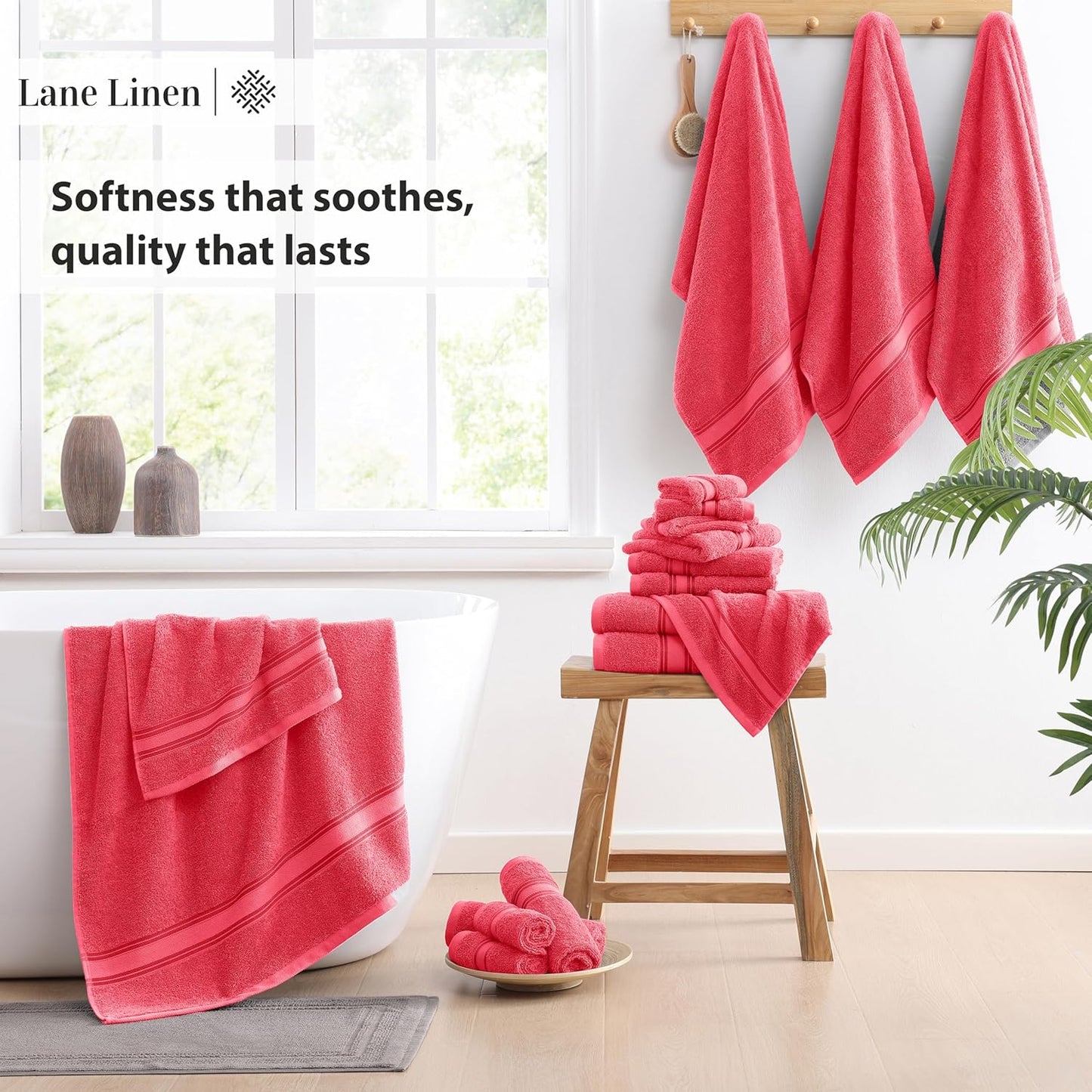 LANE LINEN 100% Mercerized Cotton Luxury Bathroom Towel Set - 18 Pcs - Super Soft, Fluffy & Highly Absorbent - 6 Bath Towels, 6 Washcloths, 6 Hand Towels - Pre Shrunk, Pet Friendly - Honeysuckle