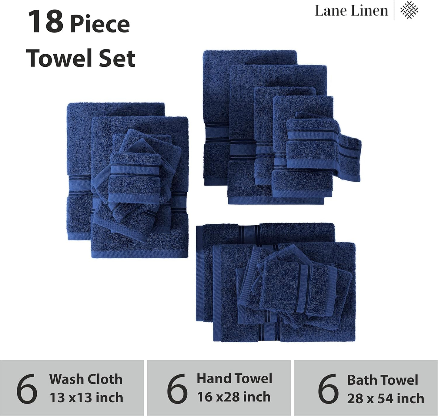 LANE LINEN 100% Cotton Luxury Bathroom Towel Set - 18 Pcs - Zero Twist, Quick Dry, Super Soft & Absorbent - 6 Bath, 6 Washcloths, 6 Hand Towels - Remains Fluffy Even After Multiple Washes - Navy Blue