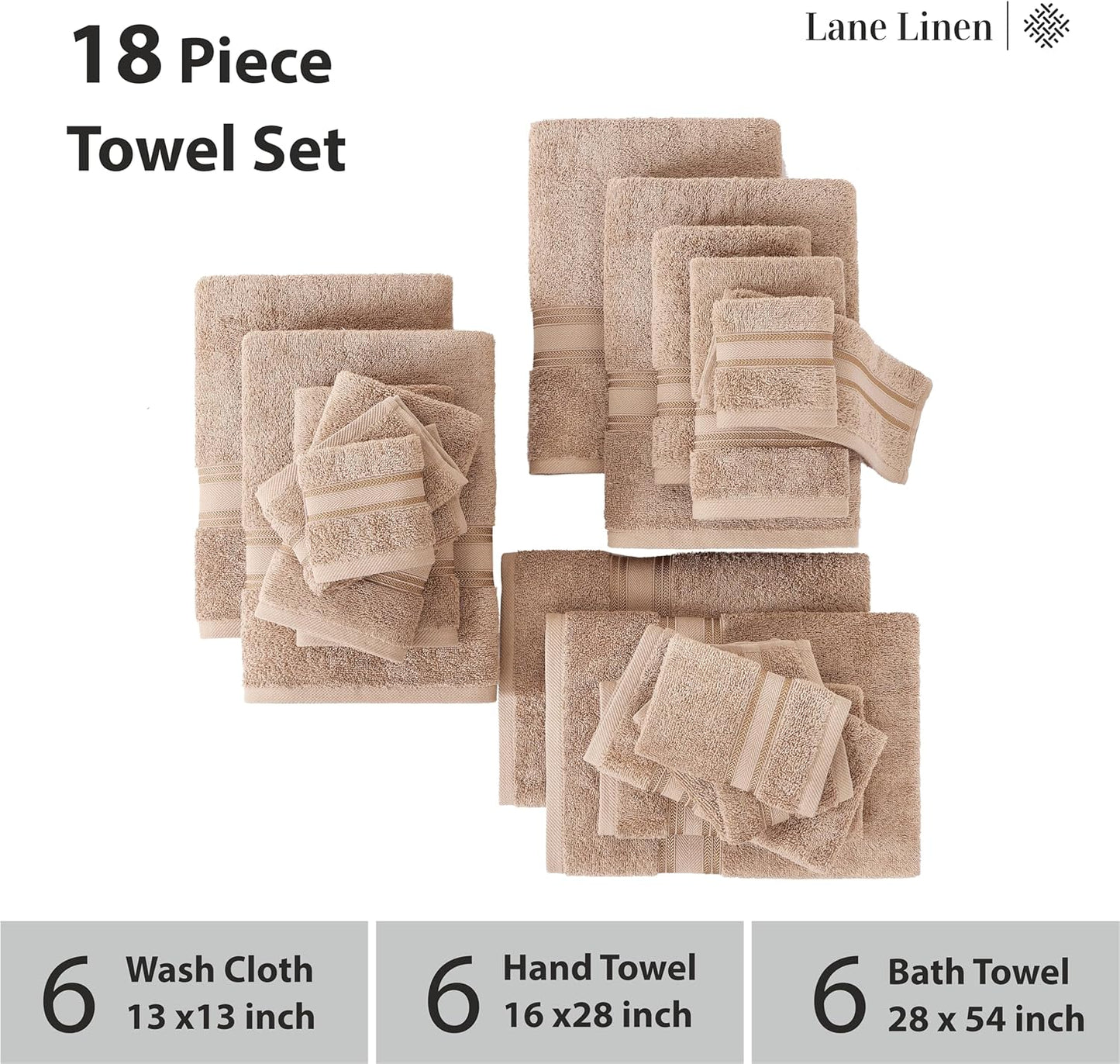 LANE LINEN 100% Cotton 18 Piece Bath Towel Set - Zero Twist, Quick Dry, Highly Soft & Absorbent - 6 Bath, 6 Washcloths, 6 Hand Towels - Oeko Tex Certified Hotel Quality Bathroom Towel Set - Taupe