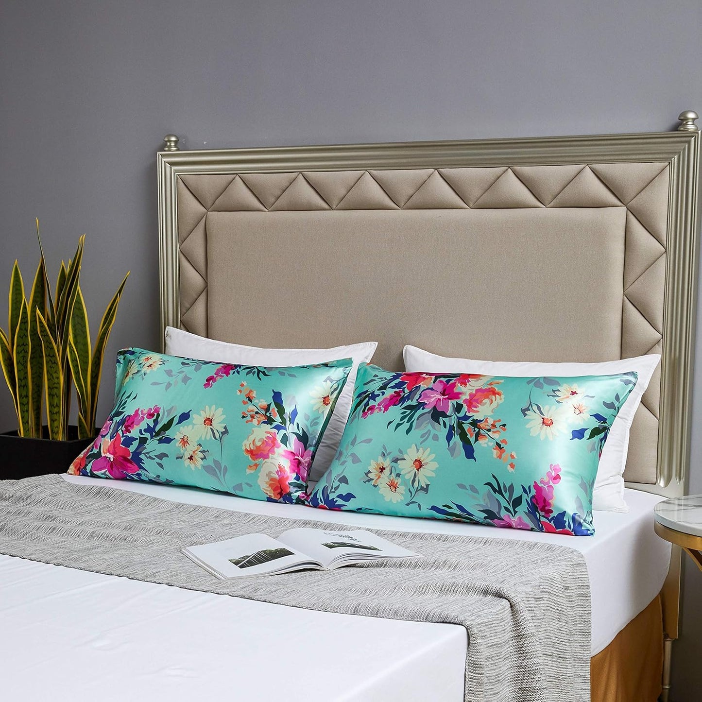 MR&HM Satin Pillowcase for Hair and Skin, Silk Satin Pillowcase 2 Pack, Standard Size Pillow Cases Set of 2, Silky Pillow Cover with Envelope Closure (20x26, Floral Green)