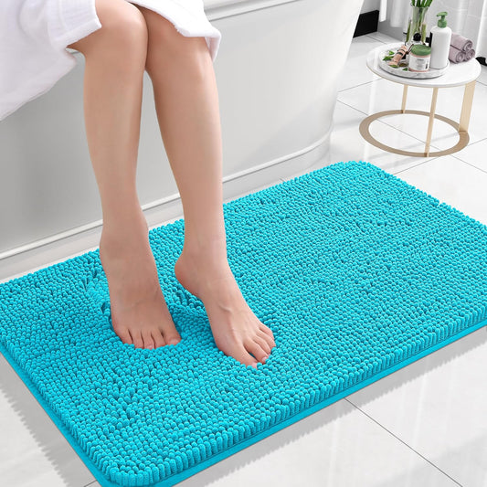 OLANLY Bathroom Rugs 24x16, Extra Soft Absorbent Chenille Bath Rugs, Rubber Backing Quick Dry, Machine Washable Bath Mats for Bathroom Floor, Tub and Shower, Home Decor Accessories, Aqua Sky