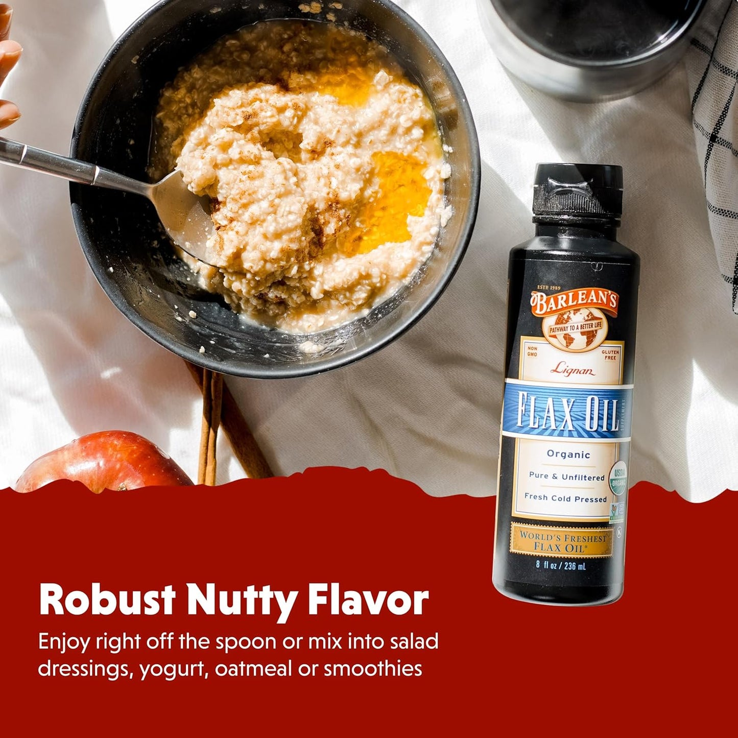 Barlean's Organic Lignan Omega 3 Flaxseed Oil Liquid Supplement for Men and Women, Cold Press Flax Seeds, 7230mg ALA Fatty Acid, Vegan and Gluten Free, 32 oz