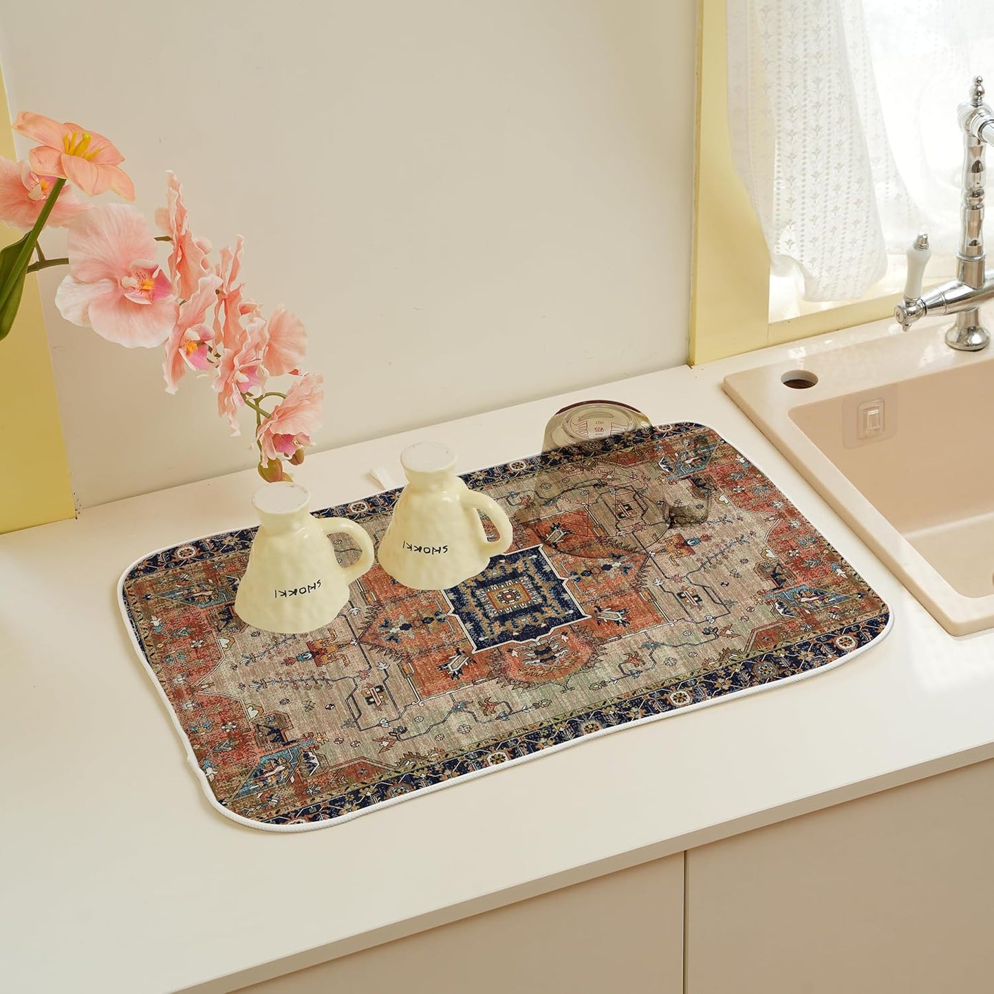 Aztec Dish Drying Mat for Kitchen Counter, 18x24 Inch Vintage Boho Style Absorbent Dish Drying Pad Heat Resistant Mat Coffee Bar Mat Dish Drainer Rack Mat