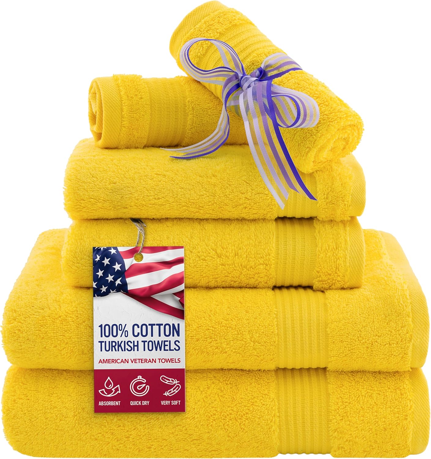 American Veteran Towel, 6 Piece Towel Set for Bathroom, 100% Cotton Turkish Bathroom Towels, 2 Bath Towels 2 Hand Towels 2 Washcloths, Yellow