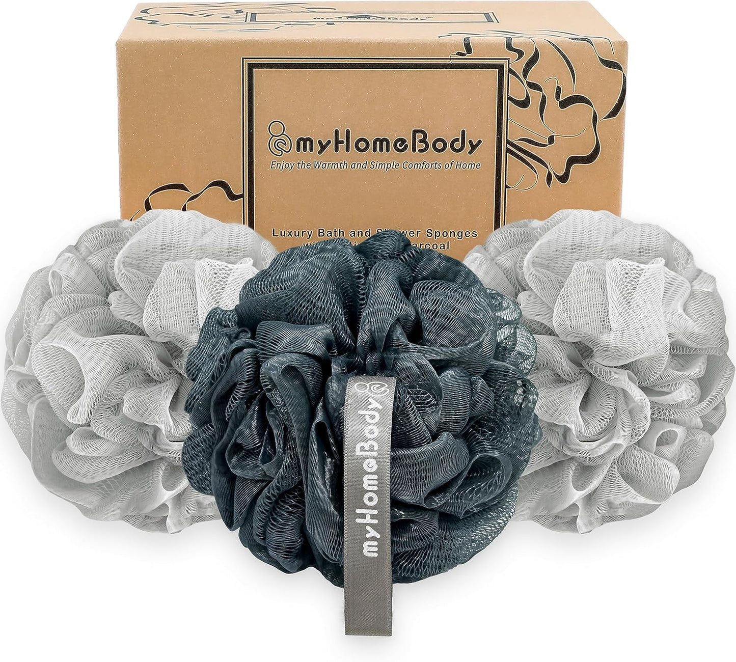 myHomeBody Large 70g Loofah Sponge, Body Scrubber, Bath Sponge, Loofah for Women, Men, Exfoliating Sponge Shower Pouf with Activated Charcoal - 2 Fog Gray + 1 Midnight Blue, 3 Pack