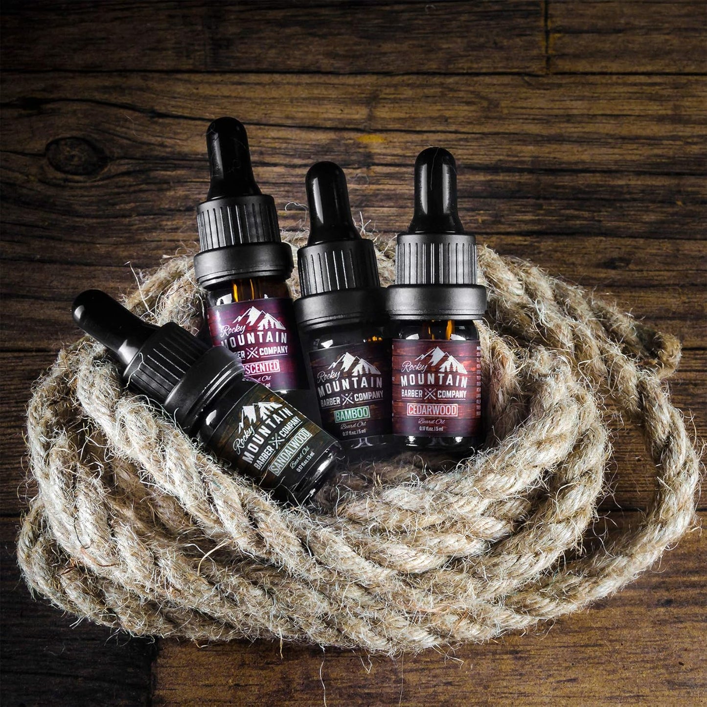 Rocky Mountain Barber Company Beard Oil Sample Size Pack - 4 Unique Beard Oil Varieties (0.17 oz each) - Cedarwood, Sandalwood, Bamboo & Unscented – Contains Essential Oils