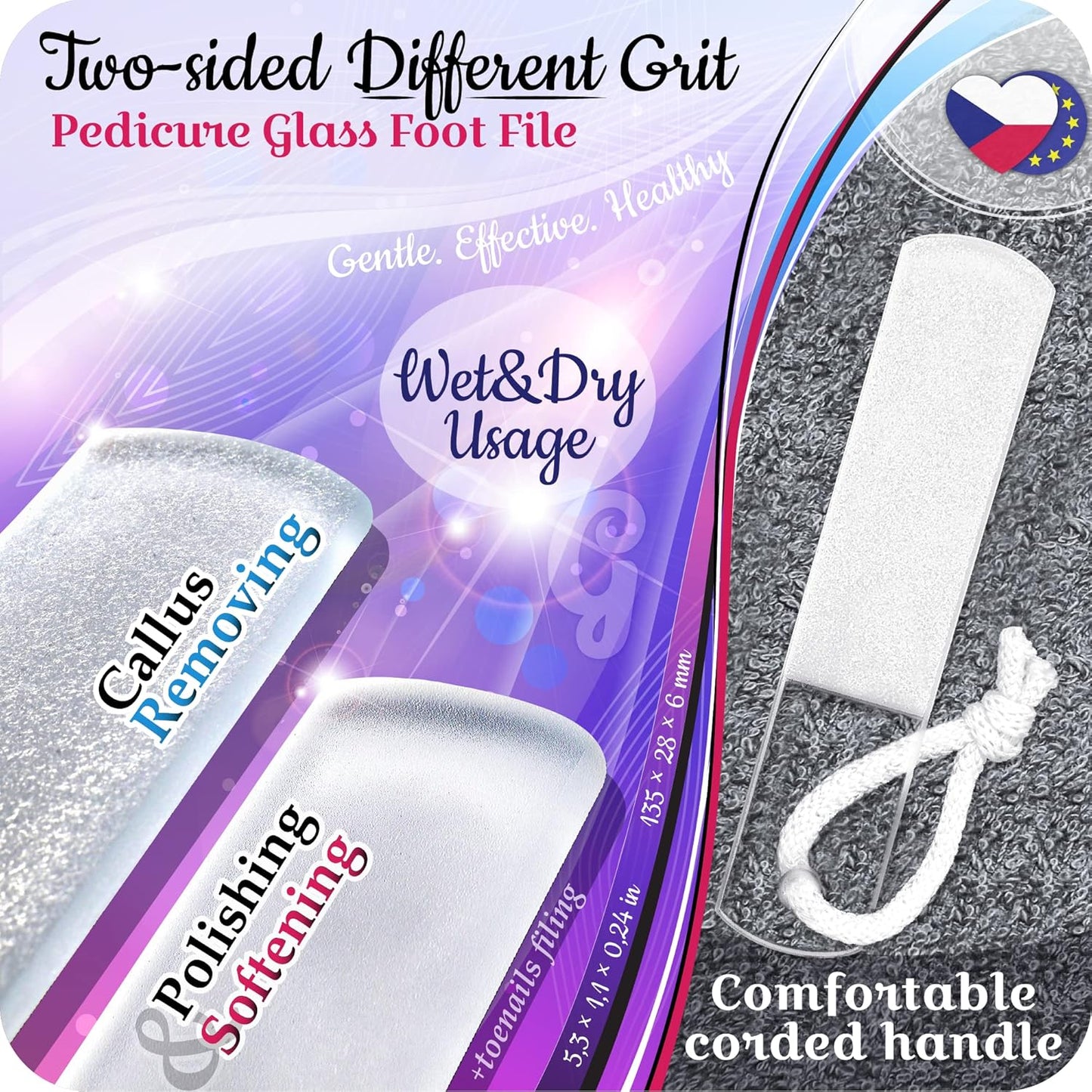 GLADZY Czech Glass Foot File Callus Remover – Double Sided Etched, Different Grit Coarse & Fine Surfaces for Hard Skin & Cracked Heels, Professional Pedicure Tool, Washable Reusable, Made in EU