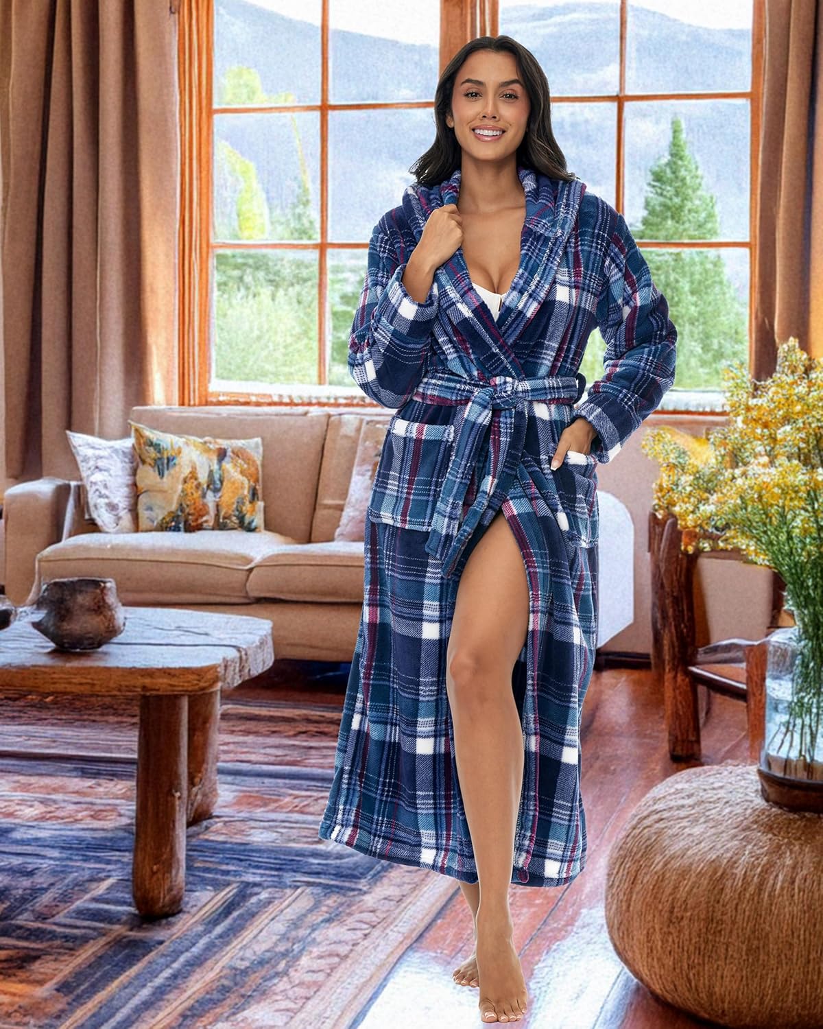 Alexander Del Rossa Womens Robe, Long Plush Bathrobe with Hood, Hooded Robes for Women Plus Size Bath Robe