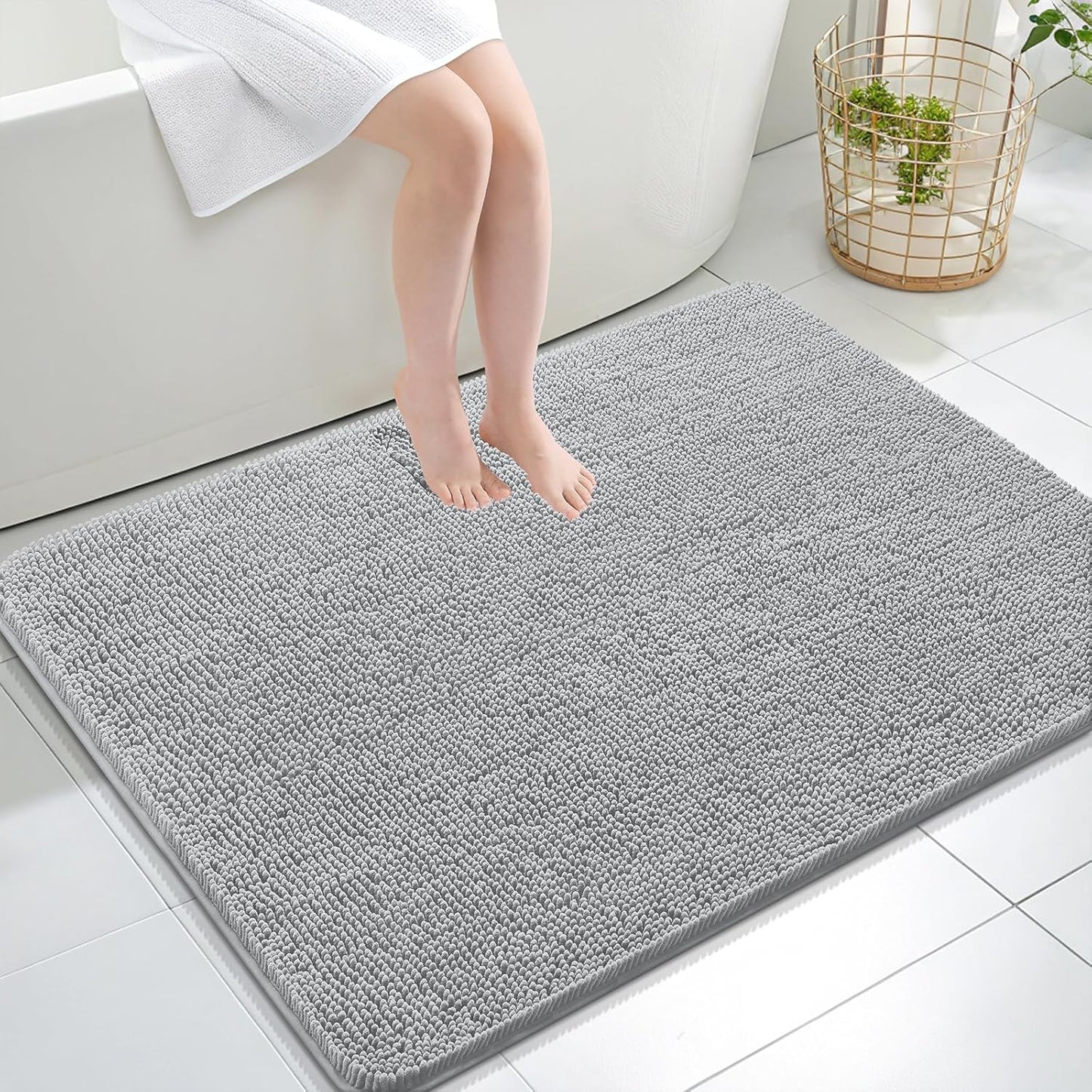 OLANLY Bathroom Rugs 40x32, Extra Soft Absorbent Chenille Bath Rugs, Rubber Backing Quick Dry, Machine Washable Bath Mats for Bathroom Floor, Tub and Shower, Home Decor Accessories, Light Grey