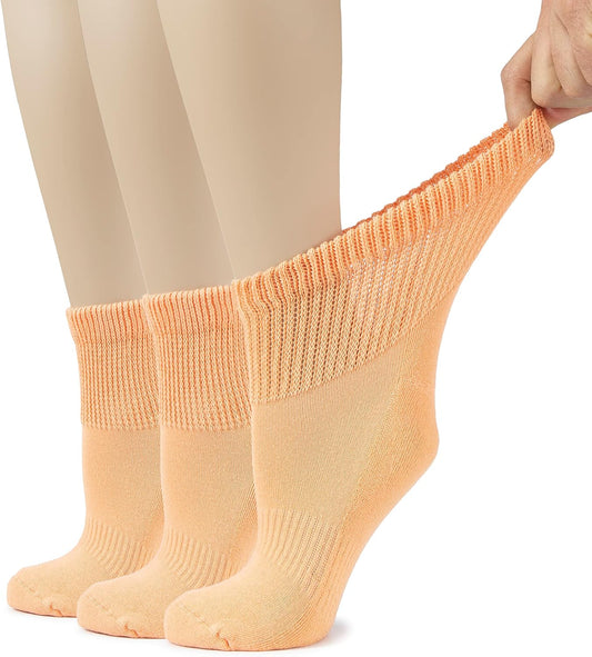 Hugh Ugoli Women's Cotton Diabetic Ankle Socks, Wide, Loose, Stretchy, Seamless Toe, Non Binding Top Semi Cushion, 3-6 Pairs