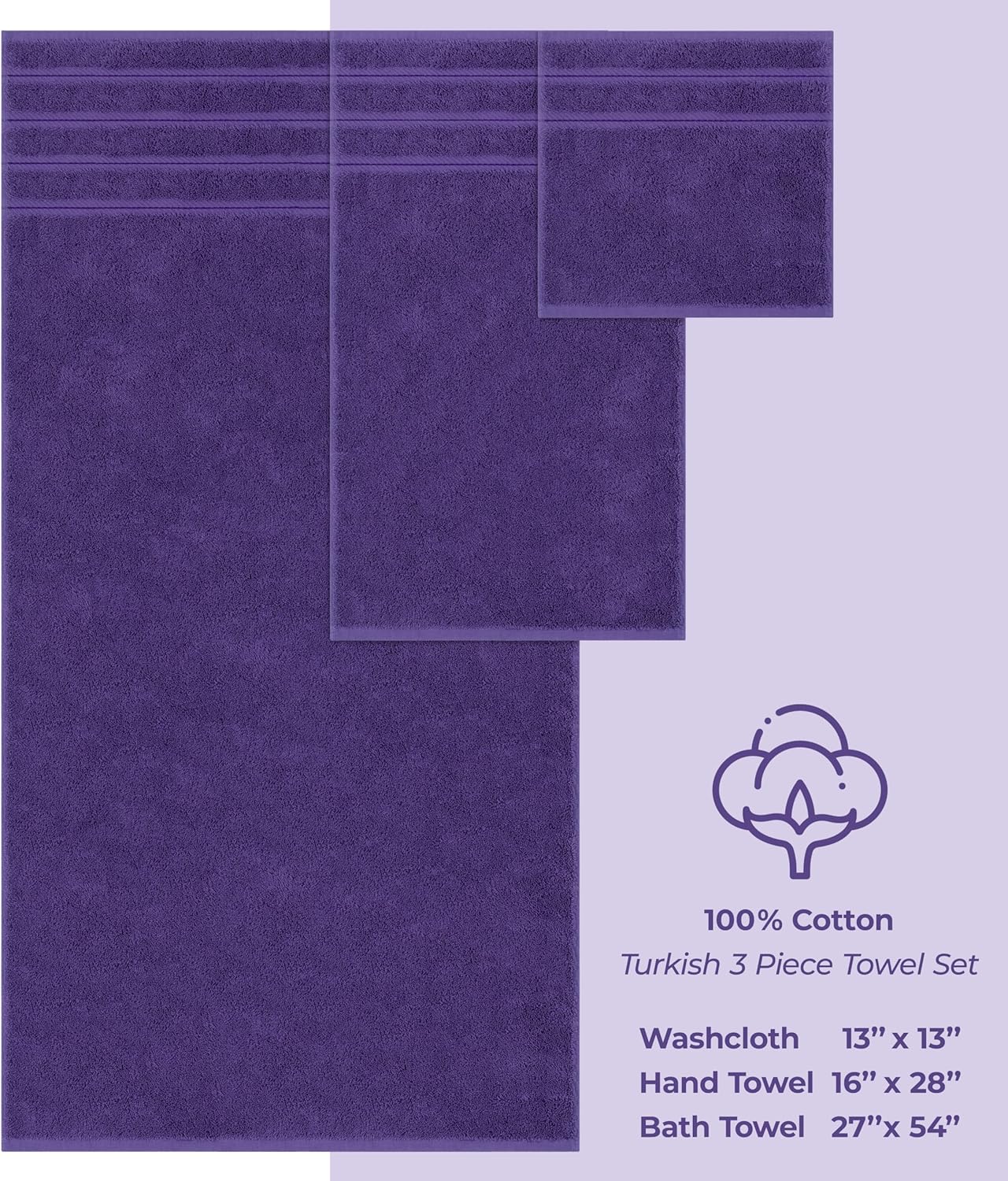 American Soft Linen Premium 3 Piece Towel Set, 1 Bath Towel 1 Hand Towel 1 Washcloth, 600 GSM 100% Cotton Turkish Towels for Bathroom, Purple Towel Set