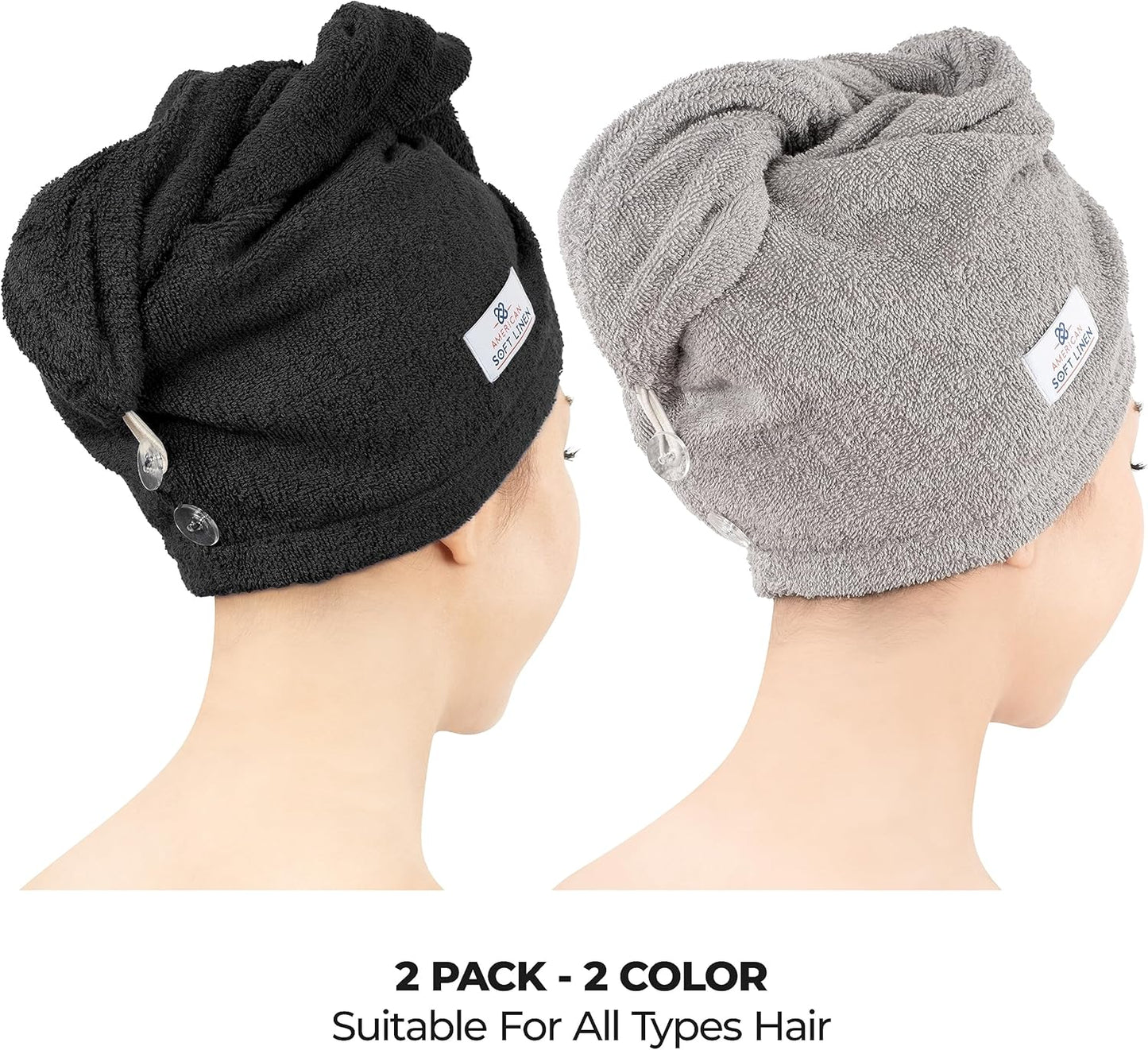 American Soft Linen 100% Cotton Hair Towels for Women, Head Towel Cap, Cotton Hair Turban Towel Wrap, Soft and Absorbent 2 Pack, Black-Light Gray
