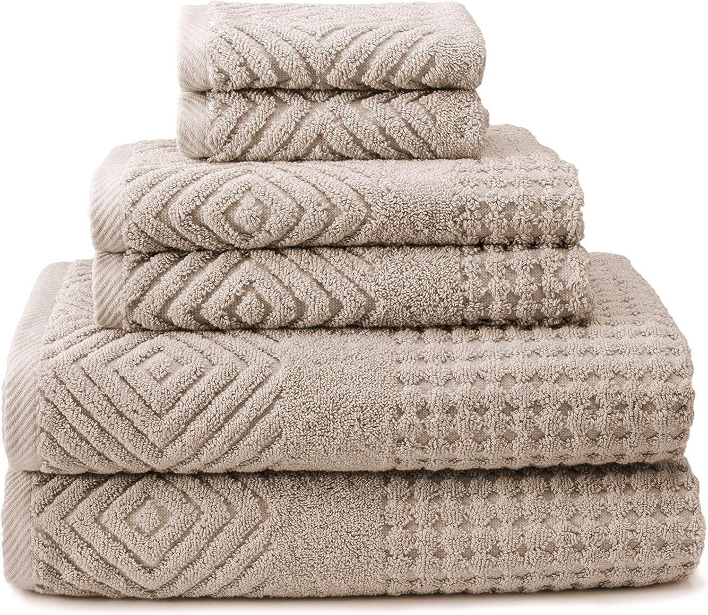 Texere 100% Organic Cotton Diamond Jacquard 700 GSM Luxury Bath Towel Sets - 2 Large Bath Towels, 2 Hand Towels, 2 Washcloths (Diamond, Oxford Tan, 6 Piece)