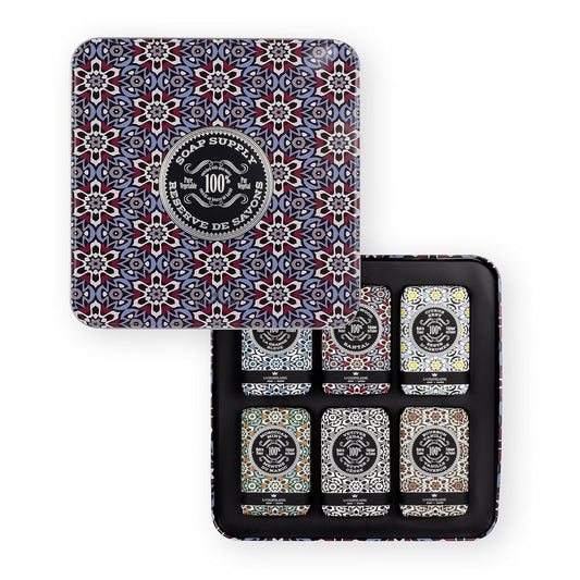 La Chatelaine Soap Supply Tin Gift Set |Unisex, Men, Women| Plant-based shea butter bar soaps | Made in France | Natural and Organic | Large soap bars | Set of 6, 8.8 oz./250g bars - Red Mosaic