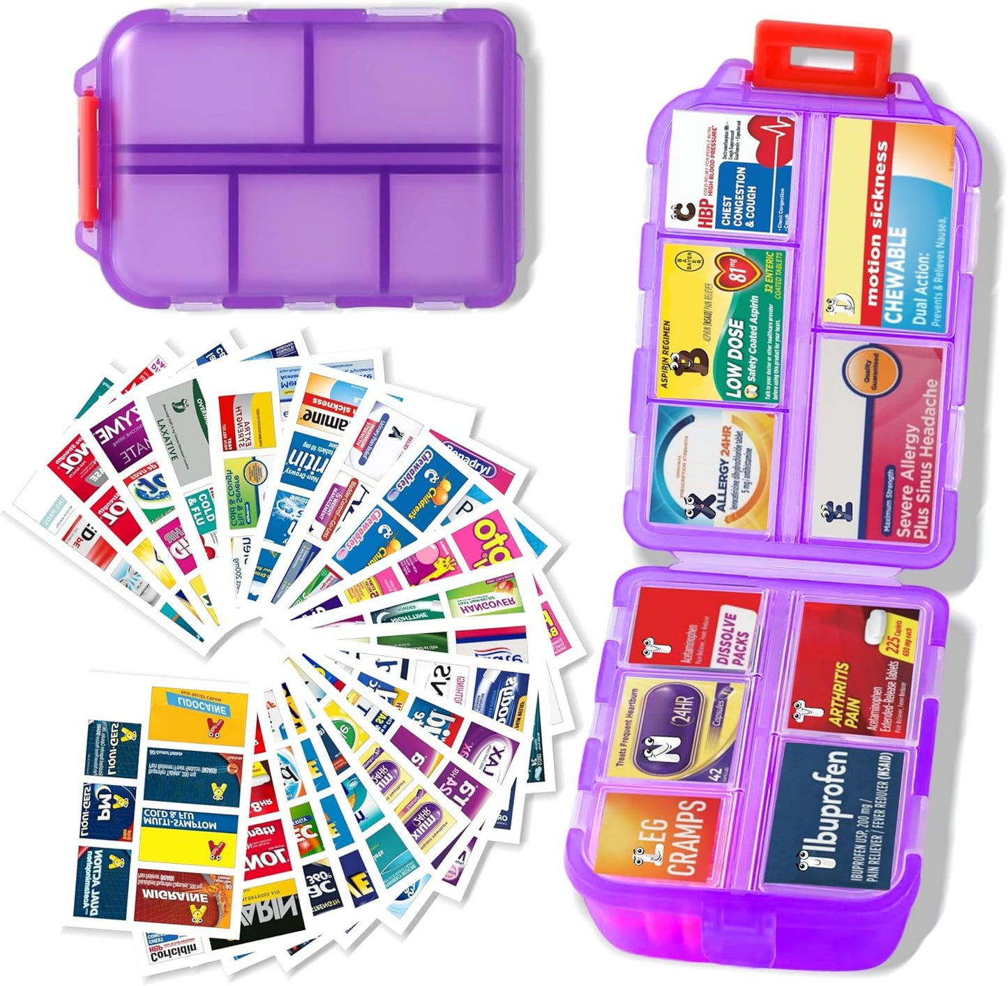 Large Pill Organizer With Medicine Labels - 7 Day Travel Daily Container, Mini Medication Storage Case (Purple, 161 Labels)