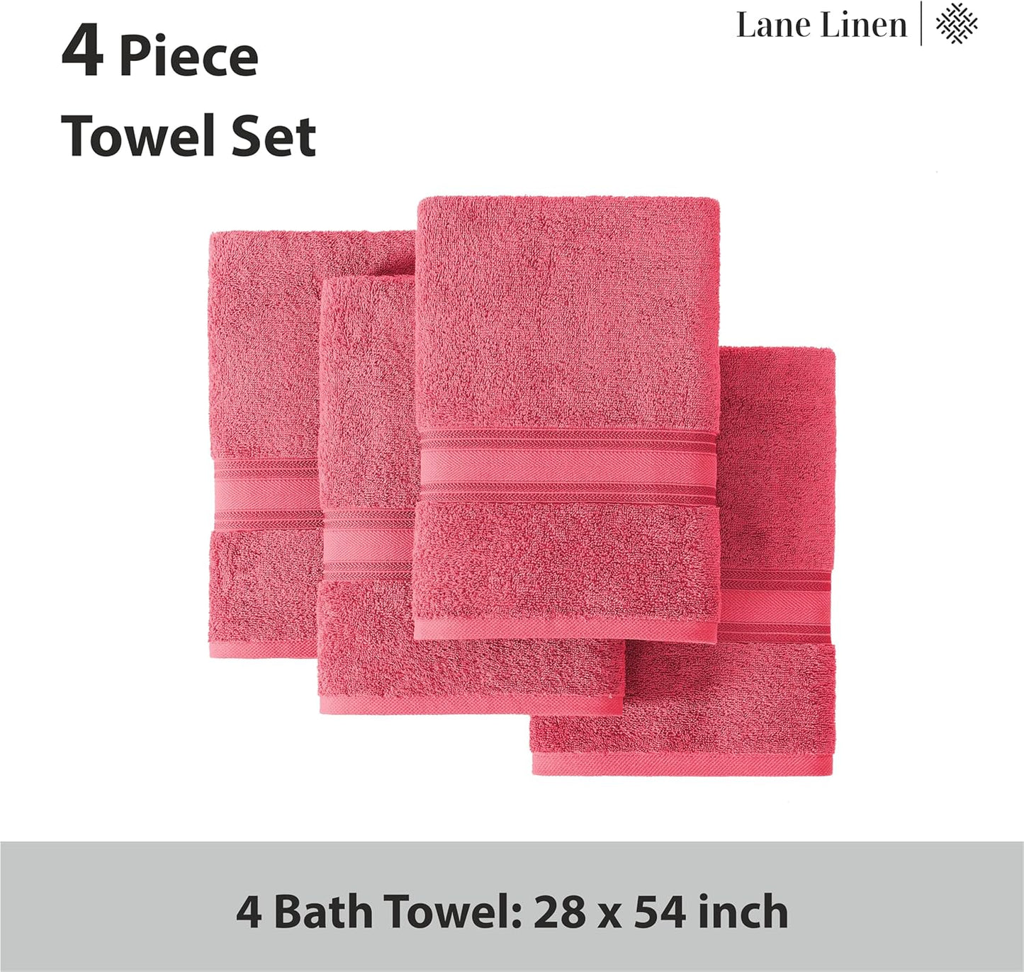 Lane Linen 100% Cotton Large Bath Towels Set of 4 (28"x54") - Zero Twist, Mercerized Cotton Bathroom Towel Sets - Quick Dry, Soft & Absorbent Large Towels Set - Dorm Essentials for Girls - Honeysuckle
