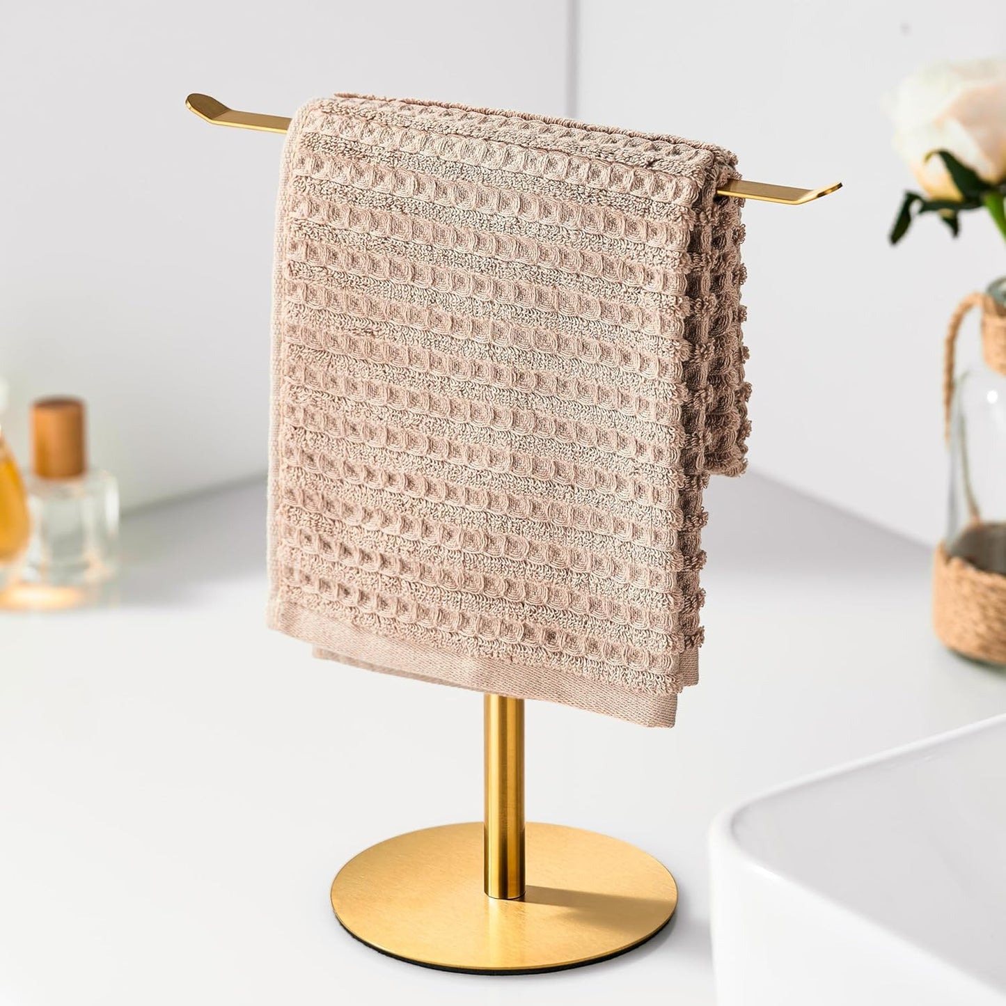 Gold Hand Towel Holder Stand – Countertop T-Shaped Stainless Steel Towel Rack with Non-Slip Base for Vanity and Kitchen