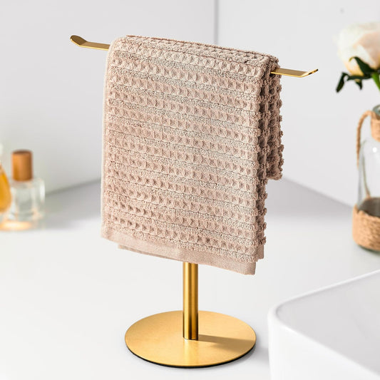 Gold Hand Towel Holder Stand – Countertop T-Shaped Stainless Steel Towel Rack with Non-Slip Base for Vanity and Kitchen