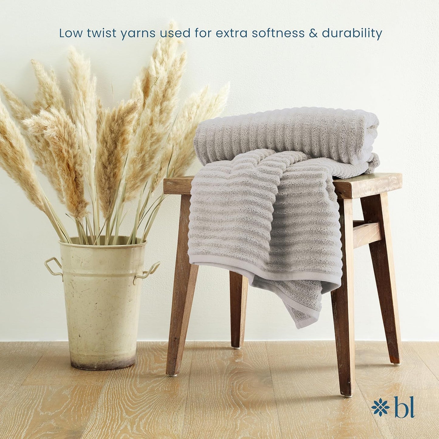 Blue Loom Ribbed Bath Towels Set, 100% Cotton 600 GSM, Soft Absorbent Durable Quick Drying 2 Bath Towels for Bathroom - Mason Set of 2 Stone Grey (58" x 30" Inch)