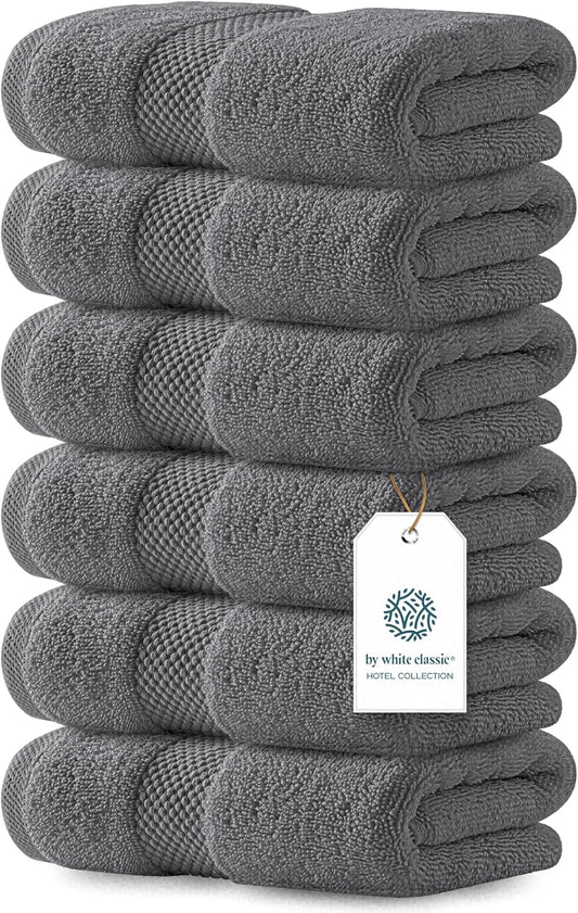 White Classic Luxury Dark Gray Hand Towels - Soft 100% Turkish Cotton | Highly Absorbent Hotel spa Bathroom Towel Collection | 16x30 Inch | Set of 6