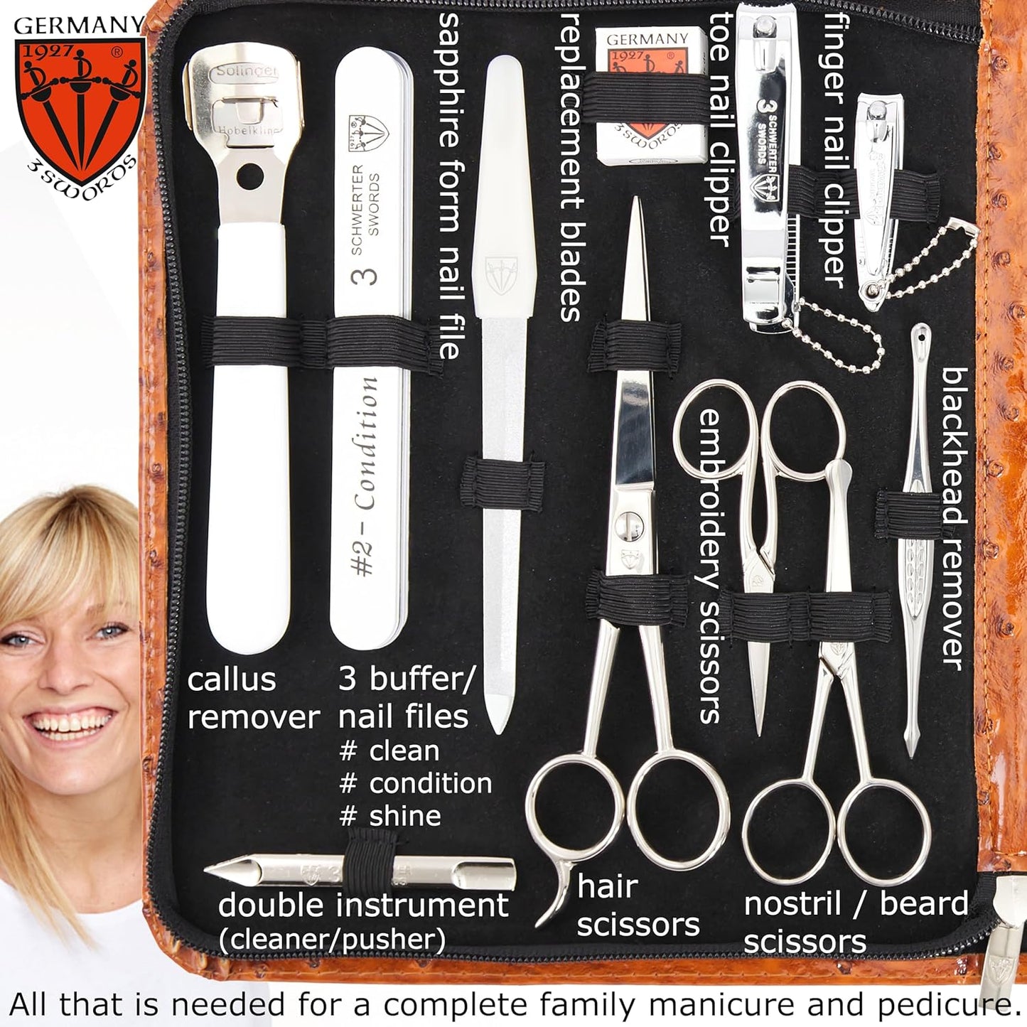 3 Swords Germany - Brand Quality 23 Piece Manicure Pedicure Grooming kit Set for Professional Finger & Toe Nail Care Tweezers File Clipper Fashion Leather case in Gift Box, Made by 3 Swords (7452)