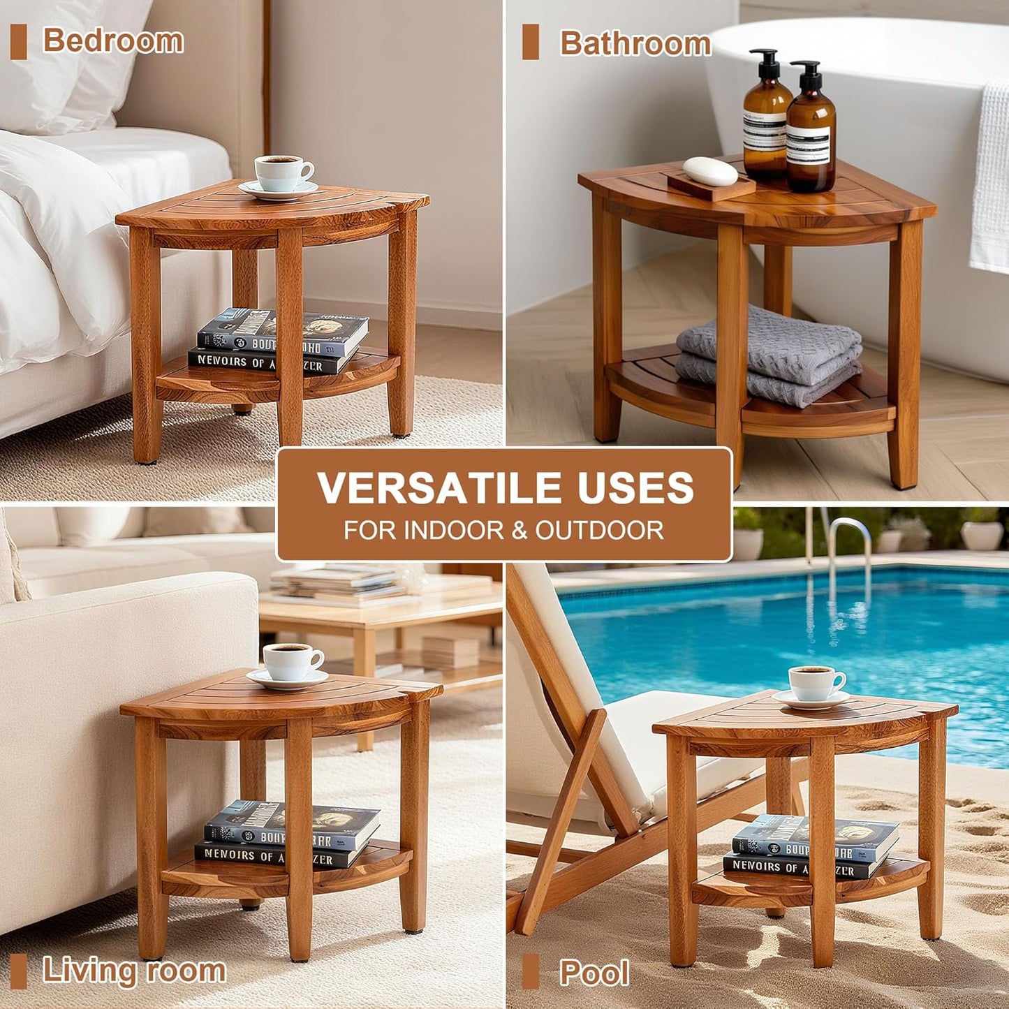 18" Teak Corner Shower Stool, 2-Tier Teak Shower Bench with Storage Shelf, Adjustable Non-Slip Feet, Walnut