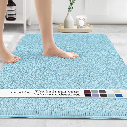 MAYSHINE Plush Shaggy Chenille Bath Mat | Extra Soft, Super Absorbent, Non-Slip Bathroom Rug | Fluffy Microfiber, Area Rug Sets for Bathroom Floor, Kitchen, Living Room | 59"x31" | Spa Blue