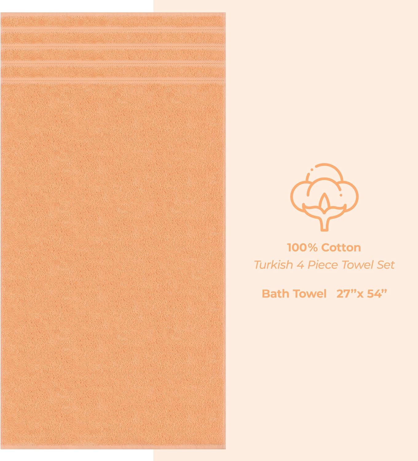 American Soft Linen Luxury 4 Piece Bath Towel Set, 600 GSM 100% Cotton Turkish Bath Towels for Bathroom, 27x54 in Extra Large Bathroom Shower Towels, Malibu Peach