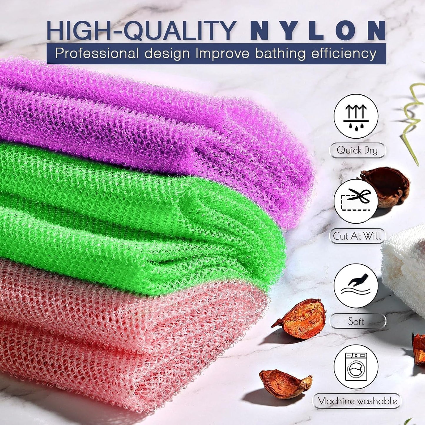 UJFQBH 3 Pieces African Bath Sponge African Net Long Net Bath Sponge Exfoliating Shower Body Scrubber Back Scrubber Skin Smoother,Great for Daily Use (Purple， Pink，Green)