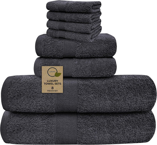 Softolle Luxury 8 Piece Towel Set, 2 Bath Towels 2 Hand Towels 4 Washcloths, 100% Cotton Towels for Bathroom, Home, Spa & Gym - Highly Absorbent Ultra Soft Quick-Dry (Grey)