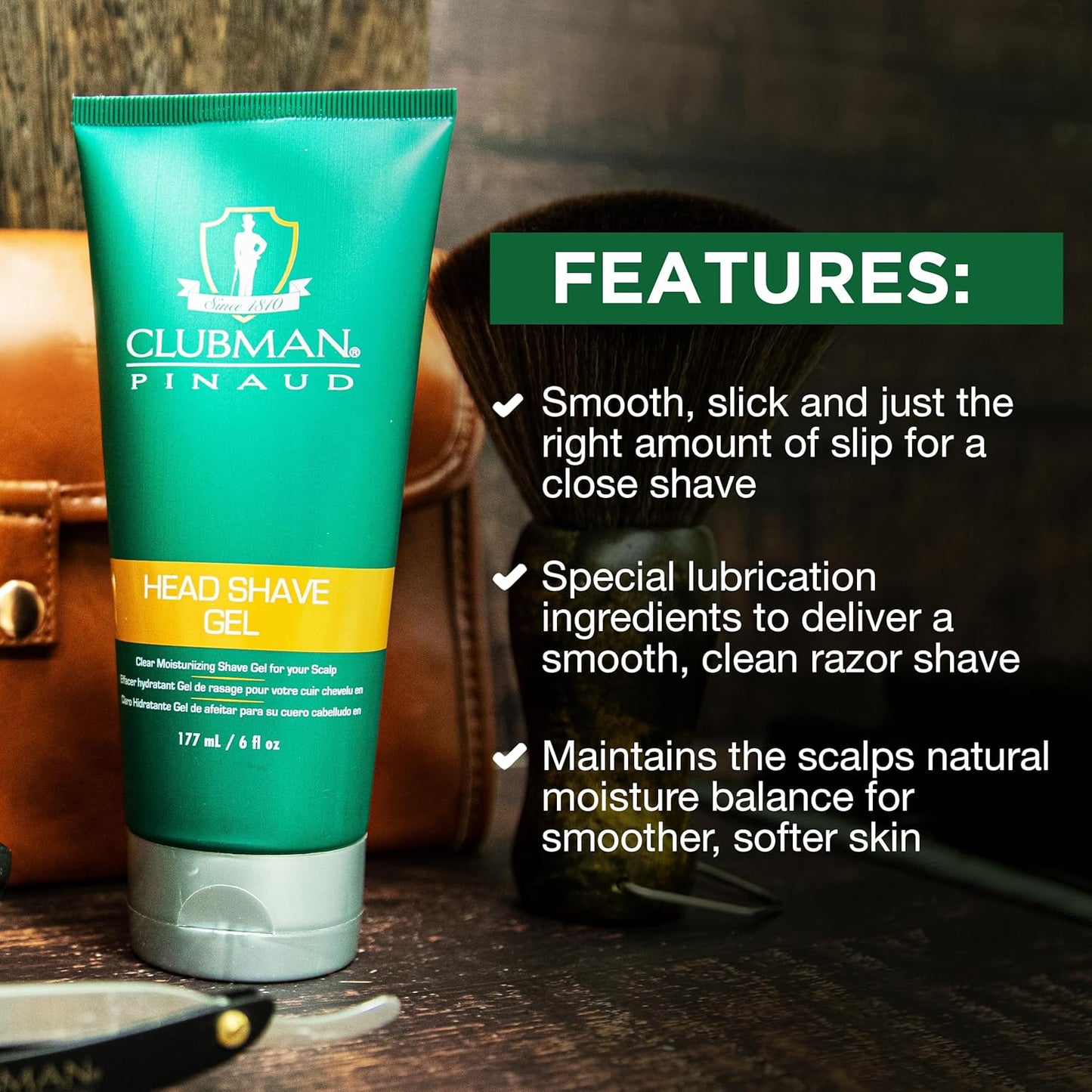 Clubman Pinaud Head Shave Gel for Men – Clear Moisturizing Shaving Gel for Men, Hydrating Facial Hair for Sensitive Skin, Barber Supplies, 6 fl oz