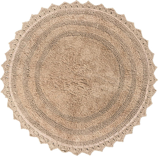 RAJRANG Circle Bathroom Mat for Kitchen and Spa with Crochet Pattern Cotton Absorbent Soft Reversible Woven Bath Rug Sand Round 24 Inches