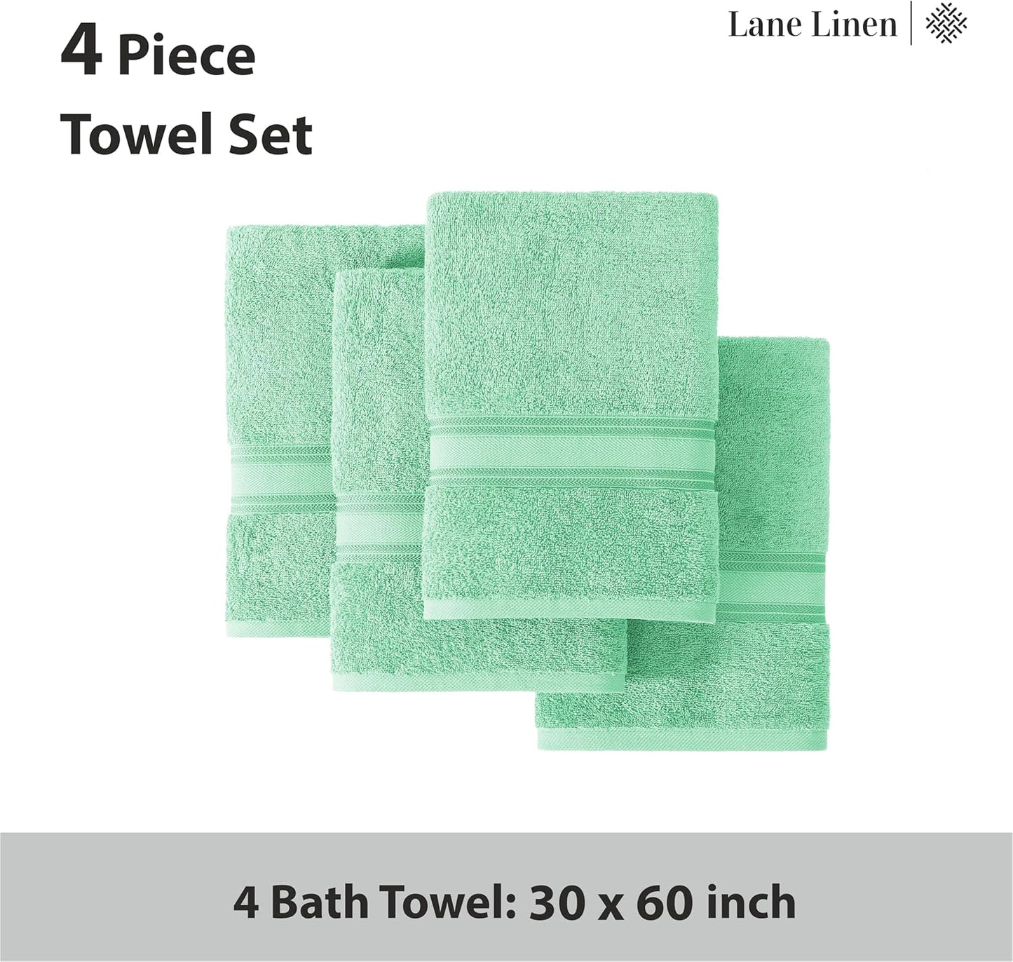 LANE LINEN 100% Cotton Bath Towels Set of 4 (30"x60") - Zero Twist, Mercerized Cotton Bathroom Towel Set - Quick Dry, Soft & Absorbent Large Bath Towels - Holds Well After Multiple Washes - Aqua Sky
