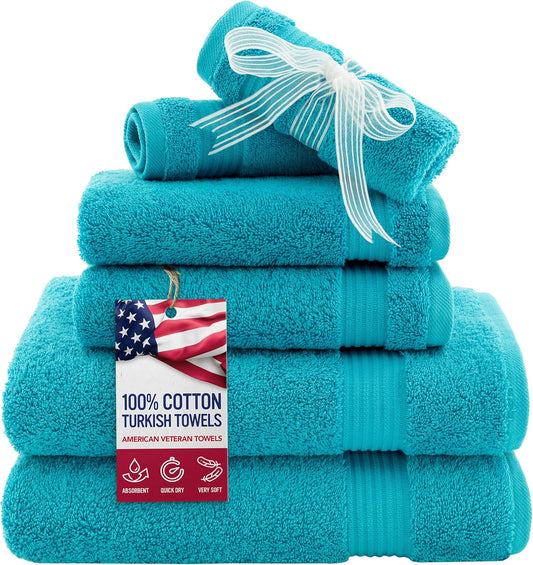 American Veteran Towel, 6 Piece Towel Set for Bathroom, 100% Cotton Turkish Bathroom Towels, 2 Bath Towels 2 Hand Towels 2 Washcloths, Aqua Blue