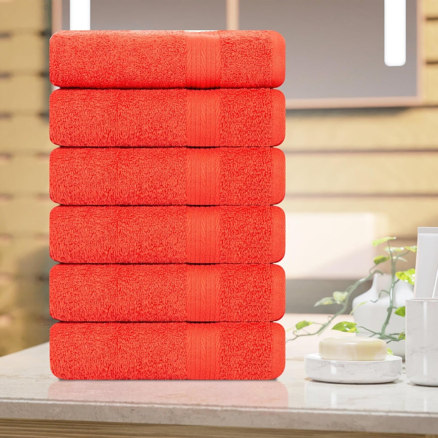 Ample Decor Hand Towel 18 X 28 Inch Pack of 6 600 GSM 100% Cotton,Oeko Tex Certified Soft Absorbent Thick Durable Premium Quality, for Hotel, Bathroom, Spa, Daily Use, Gym - Machine Washable-Orange